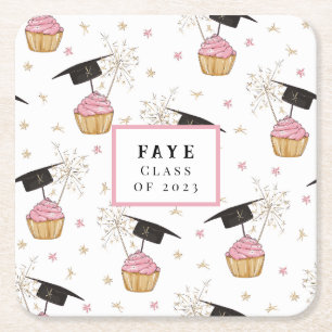 Abschluss Pink Cupcake Personalisiert Rechteckiger Pappuntersetzer