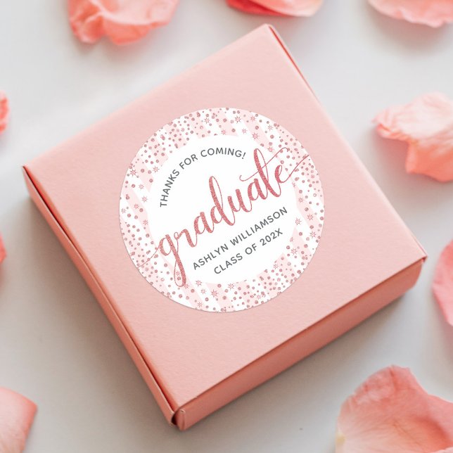 Abschluss Pink Rose Gold Glitzer Confetti Script Runder Aufkleber (Von Creator hochgeladen)