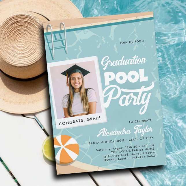 Abschluss Pool Party Moderner Sommer Elegantes Fot Einladung (graduation pool party invitations grad photo template cards summer calligraphy modern teal elegant)