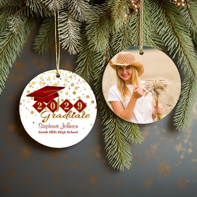Abschluss Red and Gold Foto Keramik Ornament (Graduation Red and Gold Photo Ceramic Ornament)