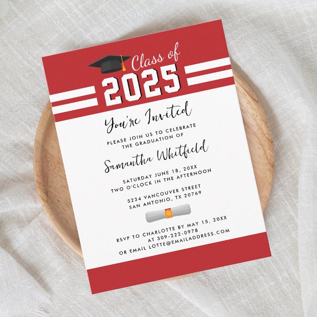 Abschluss Red White Script Grad Party Einladungspostkarte (Graduation Party 2025 Grad Red and White Invitation)