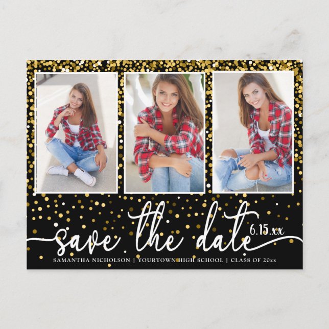 Abschluss Rett Datum 4 Foto Gold Glitzer Schwarz Einladungspostkarte (Vorderseite)