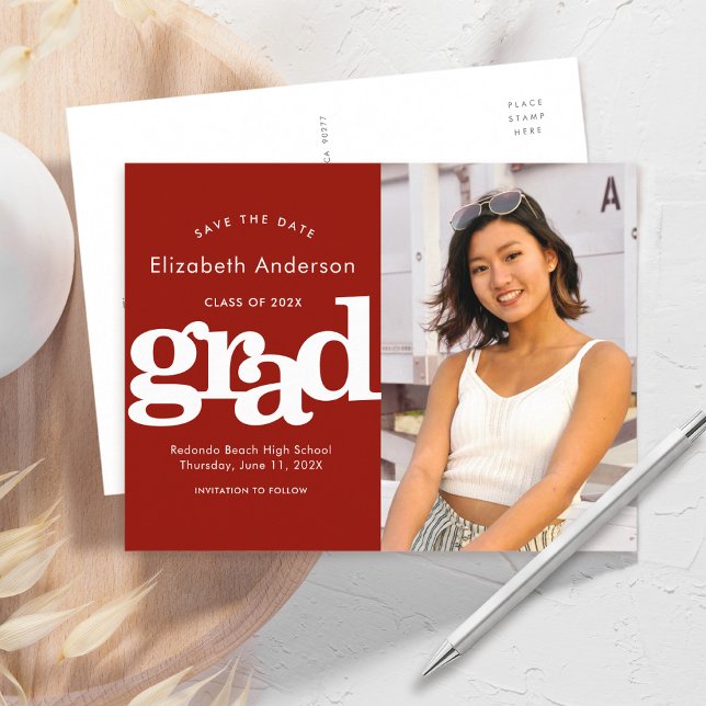 Abschluss rette Datum Foto fett formatiert Typogra Einladungspostkarte (Von Creator hochgeladen)