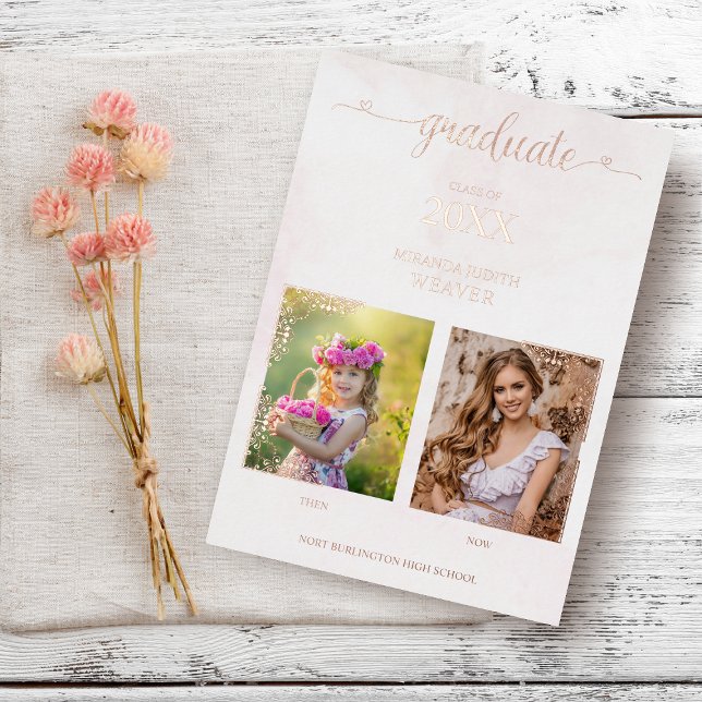 Abschluss Romantische dann & Jetzt 2 Fotos Rose Go Folieneinladung (Von Creator hochgeladen)