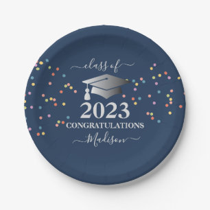 Abschluss Royal Blue Confetti Silver erste Pappteller