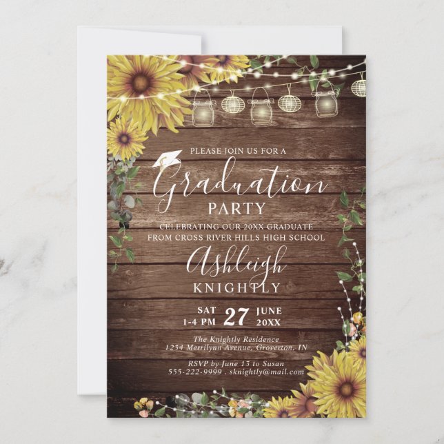 Abschluss Rustic Sunflower Wood Script Einladung (Vorderseite)