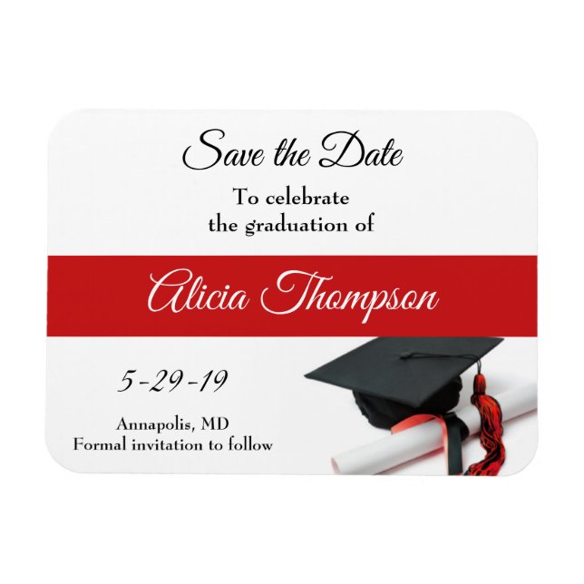 Abschluss Save the Date Black Red Cap Tassel Magnet (Horizontal)