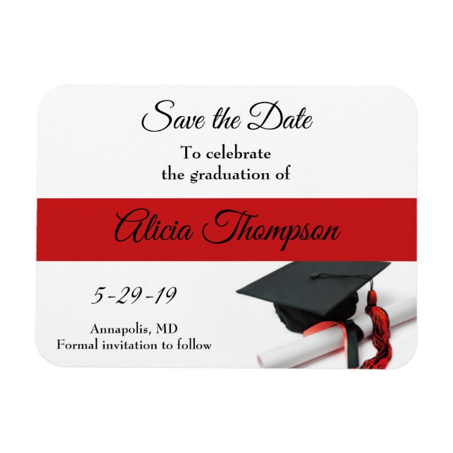 Abschluss Save the Date Black Red Cap Tassel Magnet (Horizontal)