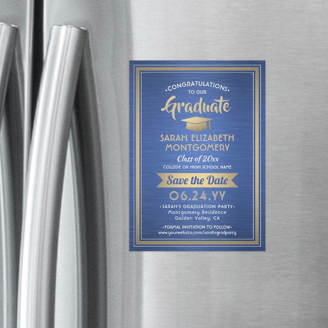 Abschluss Save the Date Brushed Royal Blue & Gold Magneteinladung (Von Creator hochgeladen)