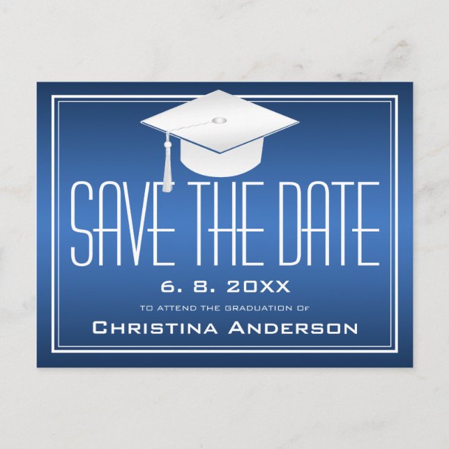 Abschluss Save the Date Chic Blue White Grad Cap Ankündigungspostkarte (Vorderseite)