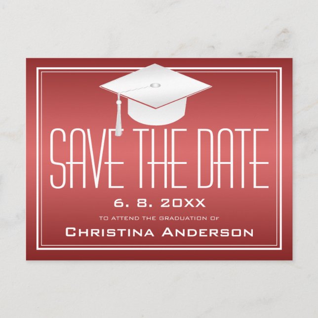 Abschluss Save the Date Chic Red White Grad Cap Ankündigungspostkarte (Vorderseite)