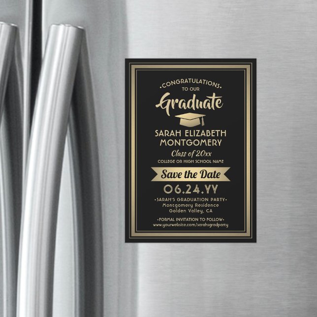 Abschluss Save the Date elegant Schwarz und Gold Magneteinladung (Von Creator hochgeladen)