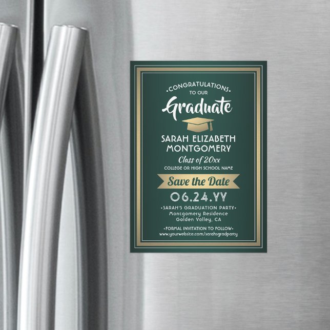 Abschluss Save the Date Elegantes, grünes Weiß Gol Magneteinladung (Von Creator hochgeladen)
