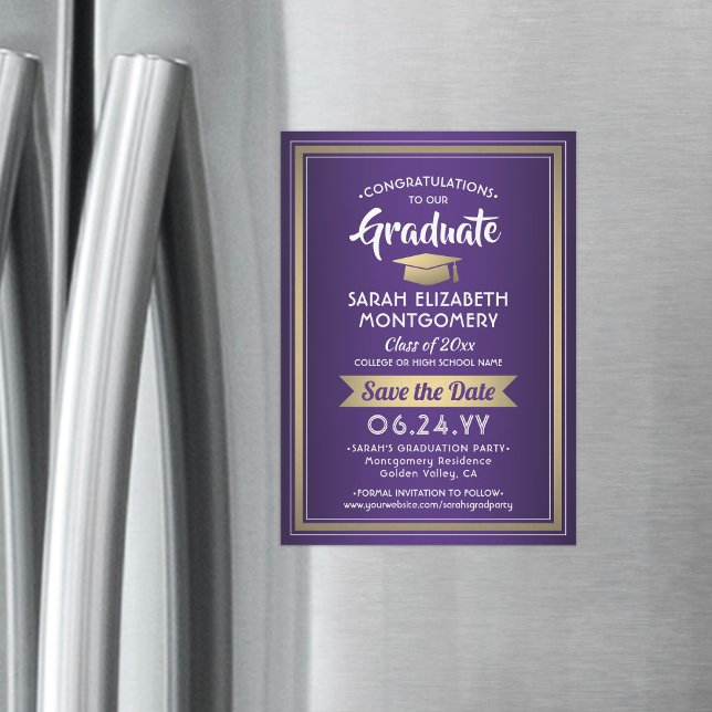 Abschluss Save the Date Elegantes Lila Weißes Gold Magneteinladung (Von Creator hochgeladen)
