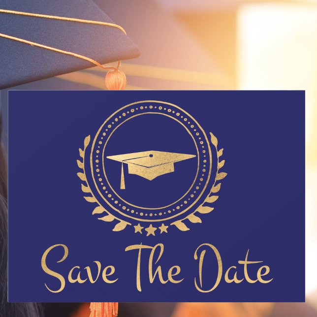 Abschluss Save the Date Gold Grad Cap Blue (Graduation Save The Date - Modern Blue Graduation Cap)