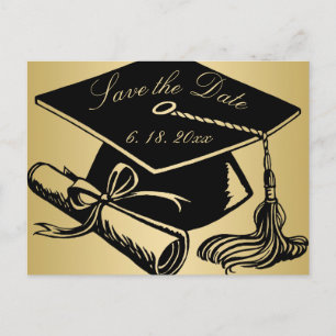 Abschluss Save the Date Gold mit Grad Cap Diploma Ankündigungspostkarte