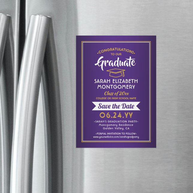 Abschluss Save the Date Lila und gelb Magneteinladung (Von Creator hochgeladen)