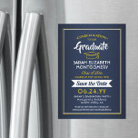 Abschluss Save the Date Navy Blue und Gold Yellow Magneteinladung<br><div class="desc">Teilen Sie die freudigen Neuigkeiten Ihrer bevorstehenden Abschlussfeier mit diesen eleganten marineblauen, blauen und gelben goldgelben, Save the Date magnetischen Einladungen. Der gesamte Text ist einfach anzupassen. Magnetische Rücken macht sie einfach für Familie und Freunde zu zeigen. Das Design bietet handgeschriebene Schrift-Kalligraphie und modernen Typografie-Graduiertennamen, Klassenjahr und Schule. Diese stilvolle...</div>