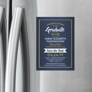 Abschluss Save the Date Navy Blue und Gold Yellow Magneteinladung