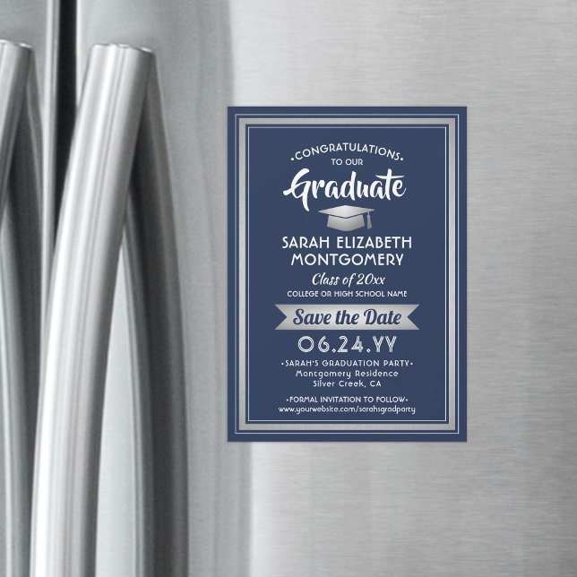 Abschluss Save the Date Navy Blue und White Magneteinladung (Von Creator hochgeladen)