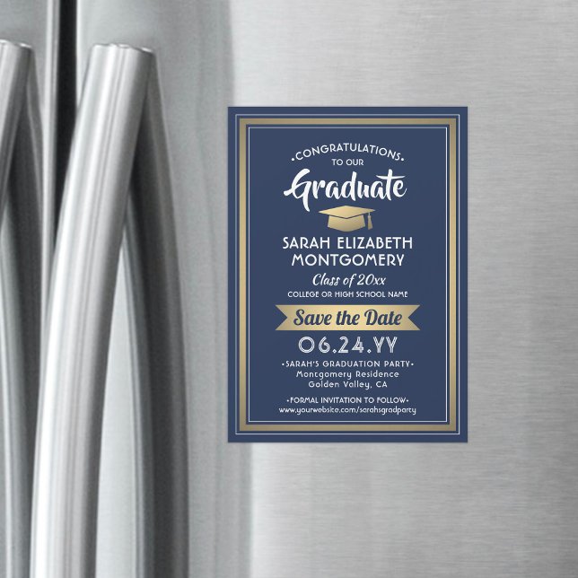 Abschluss Save the Date Navy Blue White und Gold Magneteinladung (Von Creator hochgeladen)