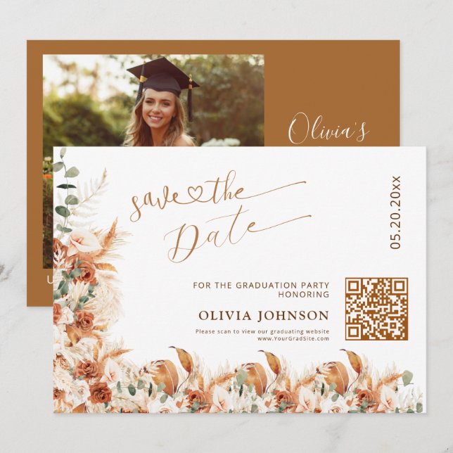 Abschluss-Save-the-Date-QR-Code | Boho Pampas Save The Date (Vorne/Hinten)