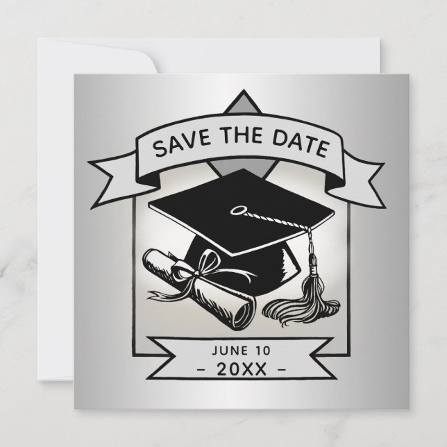 Abschluss Save the Date Silver Grad Cap Elegant Ankündigung (Vorderseite)