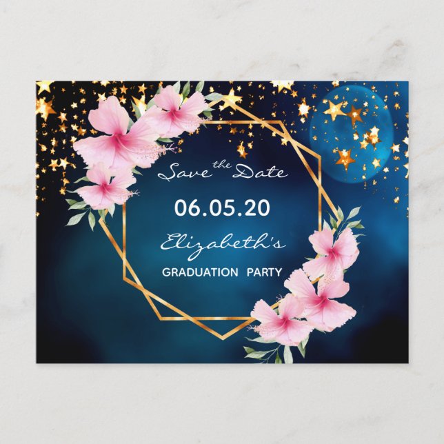 Abschluss Save the Date tropische blaue Sterne Postkarte (Vorderseite)