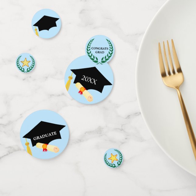 Abschluss, schwarze Mütze, Lorbeerkugel & Sterne C Konfetti (Gruppe)