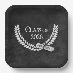 Abschluss Schwarzes Leder 2026 Lorbeer und Diplom Pappteller