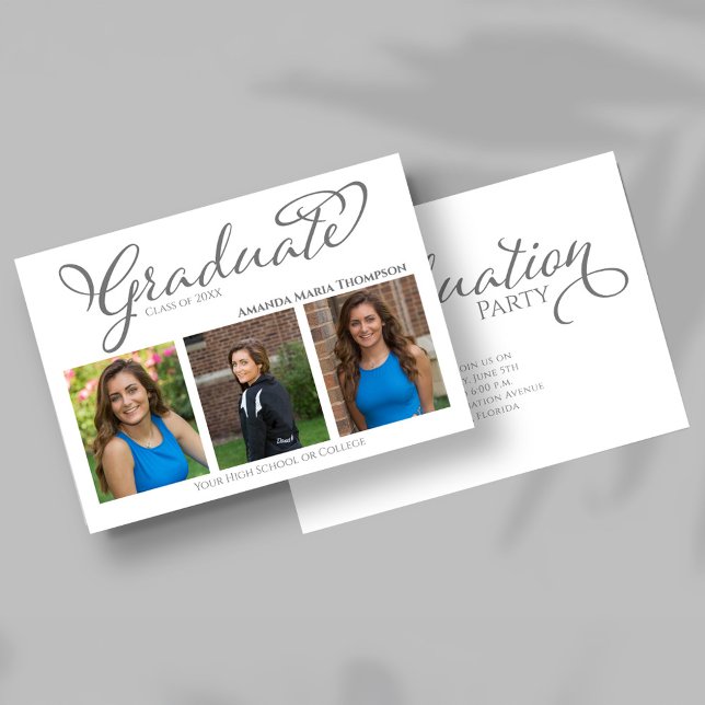 Abschluss-Script 3 Foto-Abschlussankündigung Einladung (Elegant graduation photo announcement with script typography and party invitation details on reverse)