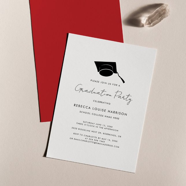 Abschluss Script Red Elegant Grad 2024 Party Einladung (Graduation 2024 Party Grad Cap Red Invitation)