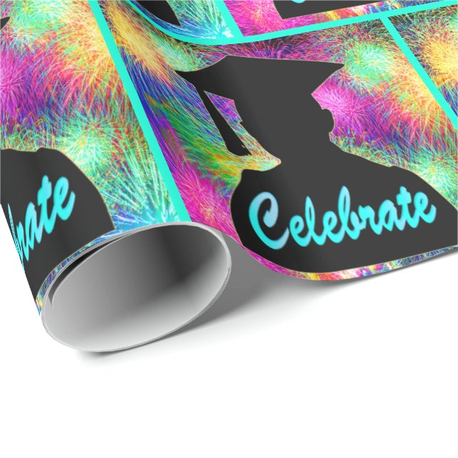 Abschluss-Silhouette feiert auf Neon Fireworks Geschenkpapier (Rolleneckpunkt)