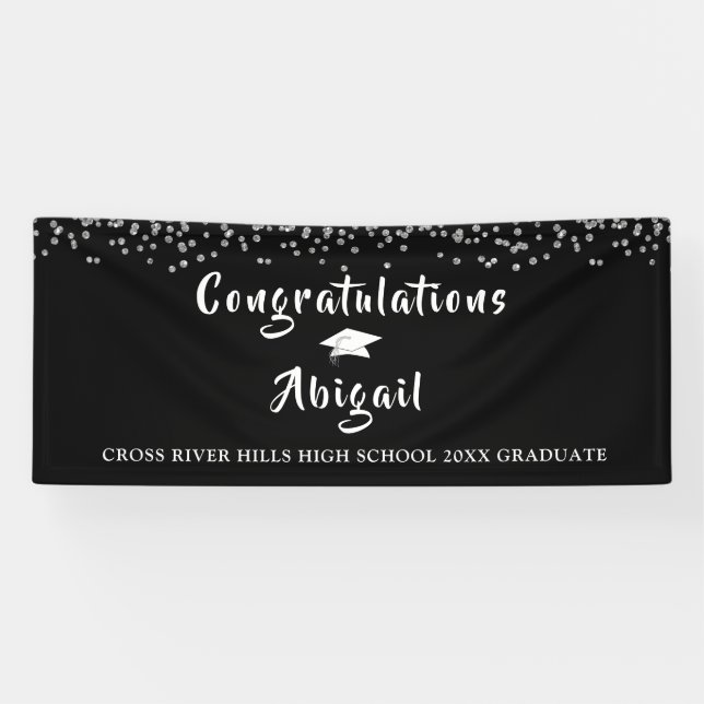 Abschluss Silver Confetti Pinselschrift Schwarz Banner (Horizontal)