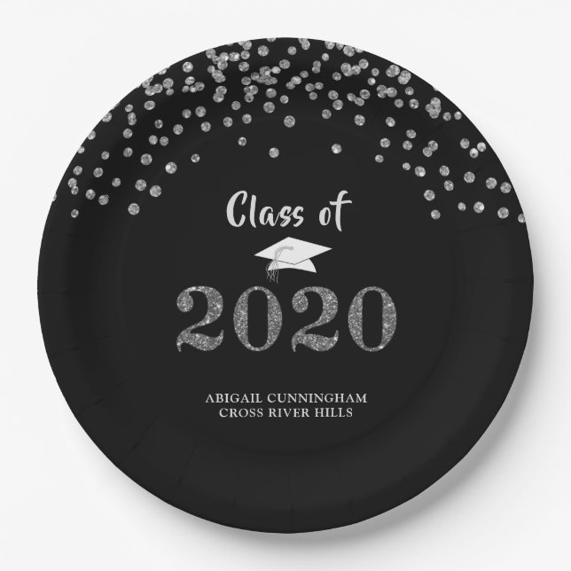 Abschluss Silver Glitzer CLASS OF 2020 Confetti Pappteller (Vorderseite)