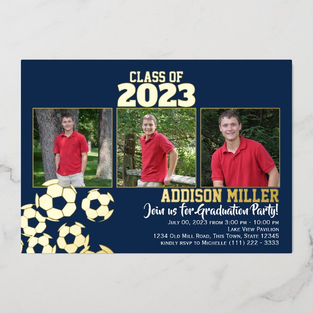 Abschluss Soccer Tri Foto mit Farbwahl Folieneinladung (Vorderseite)