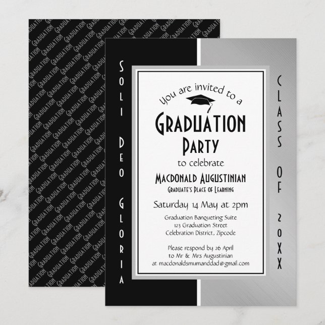 ABSCHLUSS Soli Deo Gloria Black Silver Gray Einladung (Vorne/Hinten)