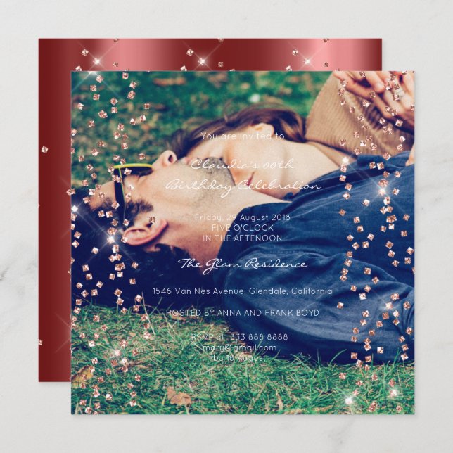 Abschluss Spark Foto Confetti Rose Maroo Einladung (Vorne/Hinten)