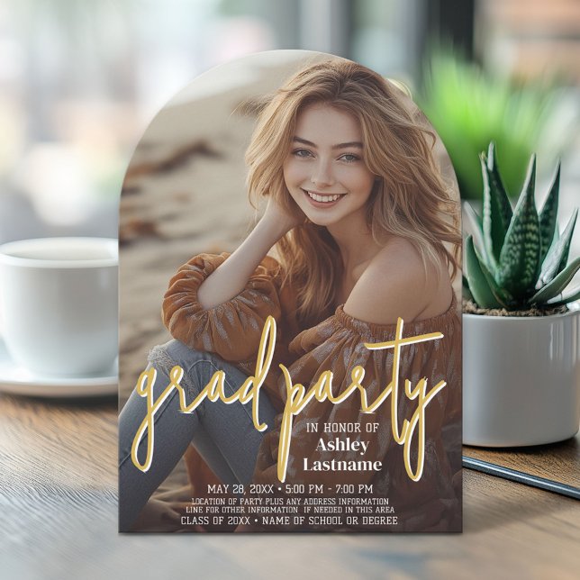 Abschluss Vertical Foto - Grad Party Script Gold Einladung (Arch Top Graduation Announcement)