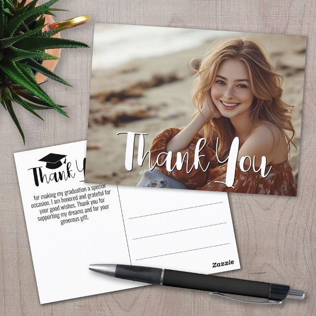 Abschluss Vielen Dank mit Foto - Script White Postkarte (Graduation Thank You Postcard)