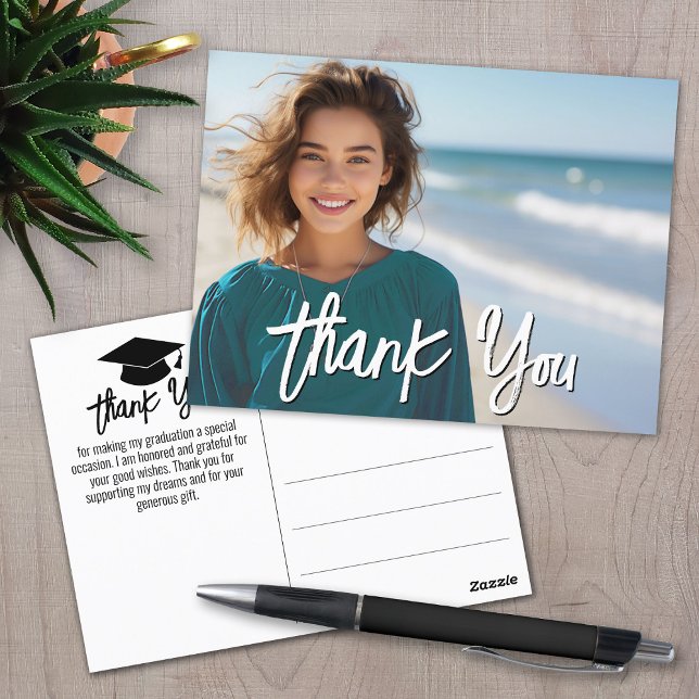Abschluss Vielen Dank mit Foto - Script White Postkarte (Graduation Thank You Postcard)