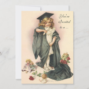 Abschluss Vintage, Mädchen mit Abschlussmütze und  Einladung