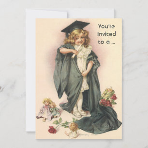 Abschluss Vintage, Mädchen mit Abschlussmütze und  Einladung