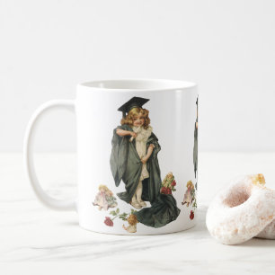 Abschluss Vintage, Mädchen mit Abschlussmütze und Tasse