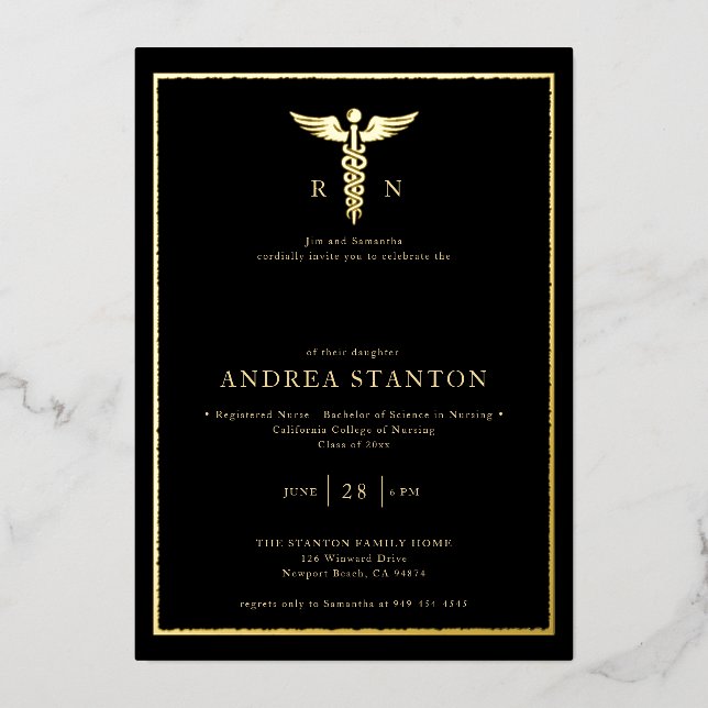 Abschluss von Krankenschulen Gold Frame Caduceum B Folieneinladung (Vorderseite)