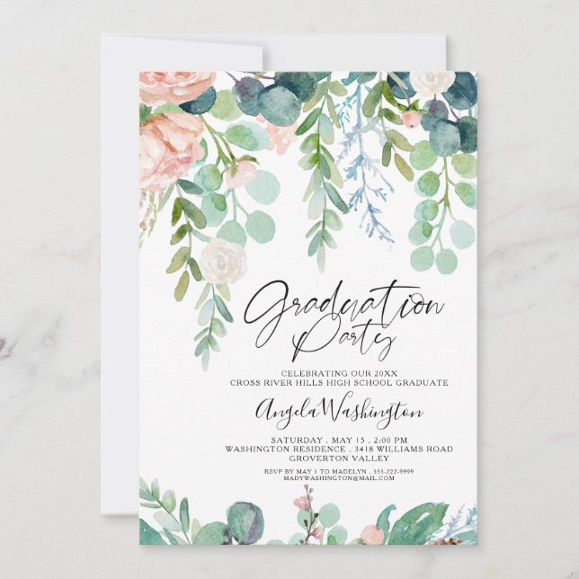 Abschluss Watercolor Greenery Chic Script Party Ankündigung (Vorderseite)