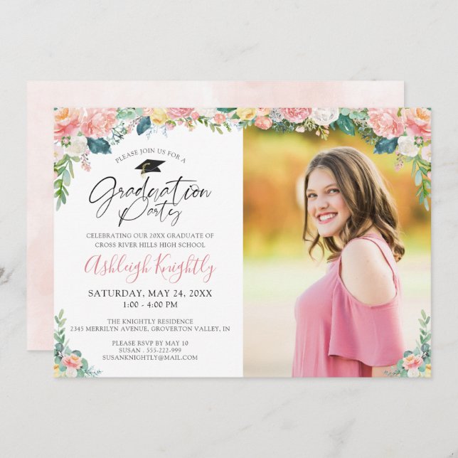 Abschluss Watercolor Pink Blumenschrift Einladung (Vorne/Hinten)