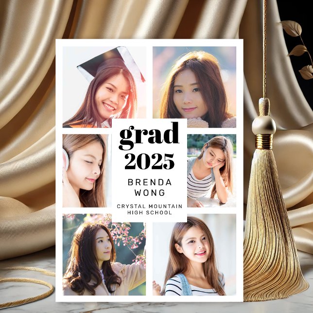 Abschluss White 6 Foto Collage Schwarzes Script Ankündigung (Modern White Black Six Photo Graduation Announcement)