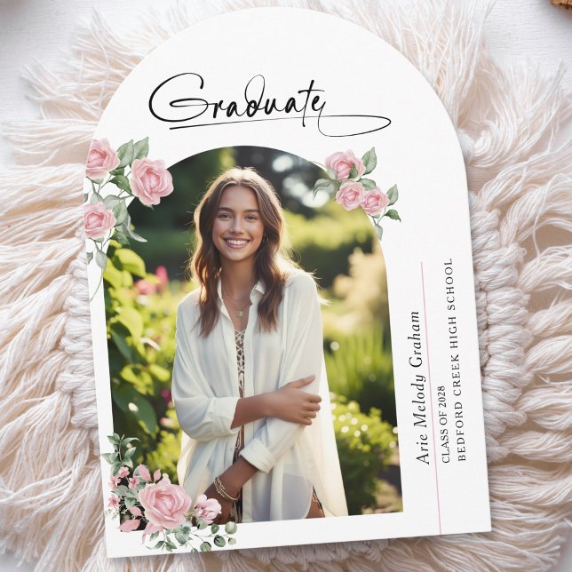 Abschlussankündigung mit Foto im Pink Roses Script Einladung (Von Creator hochgeladen)