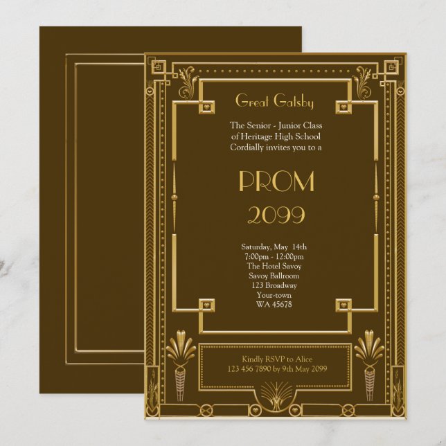 Abschlussball Älter-Junior, großes Gatsby, Gold, Einladung (Vorne/Hinten)